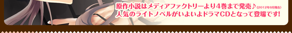 原作小説はメディアファクトリーより４巻まで発売♪（2012年6月現在）
原作小説はメディアファクトリーより４巻まで発売♪（2012年6月現在）
人気のライトノベルがいよいよドラマCDとなって登場です！