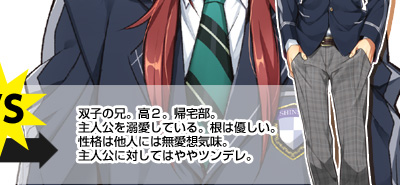 双子の兄。高２。帰宅部。
主人公を溺愛している。根は優しい。
性格は他人には無愛想気味。主人公に対してはややツンデレ。